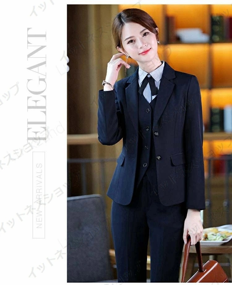 【本日限定激安格】ギフト 4点セット スーツセット セットアップ スーツ レディース 就職活動 黒 紺 2colors スーツ ジャケット ベスト 長袖 シャツ ロング丈パンツ 長ズボン スカート 二