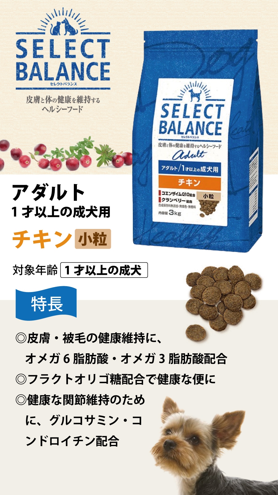ドッグフード アダルトチキン 小粒 3kg【お試し国産お魚厚削り15g付き】