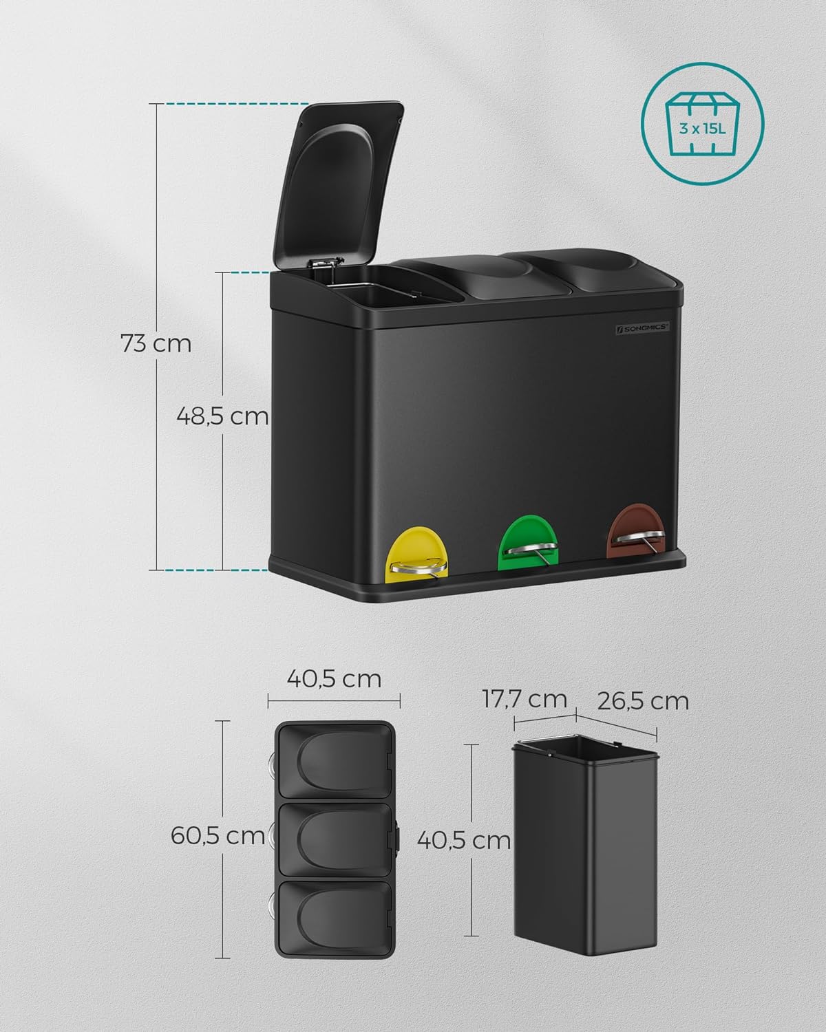 SONGMICS LTB45B 未使用品　3分別ごみ箱 15L×3 容量 Amazon｜SONGMICS ゴミ箱 ダストボックス ペダル式 3分別 3×18L