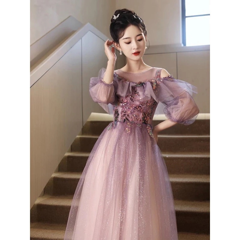 紫色ホスト宴会芸術試験イブニングドレス女性長袖婚約ドレスワンピースドレスその他 ワンピースドレス