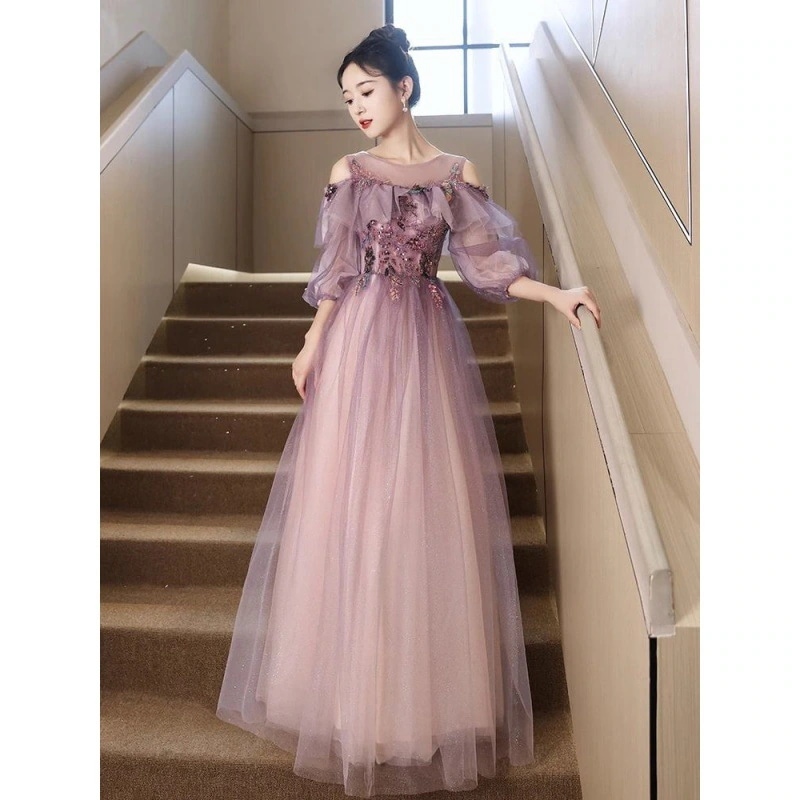 紫色ホスト宴会芸術試験イブニングドレス女性長袖婚約ドレスワンピースドレスその他 ワンピースドレス