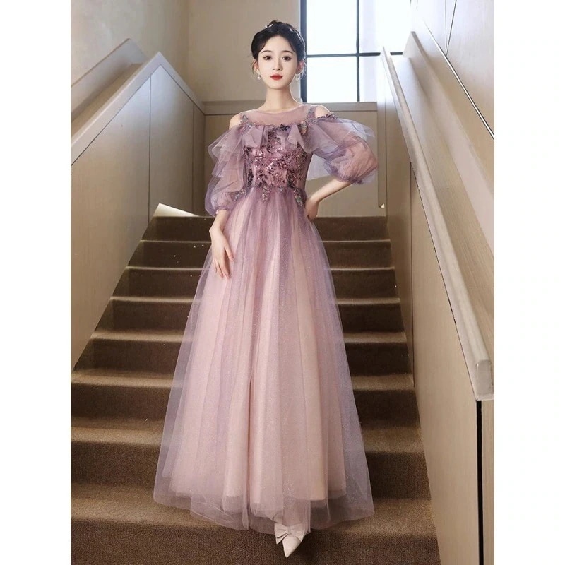 紫色ホスト宴会芸術試験イブニングドレス女性長袖婚約ドレスワンピースドレスその他 ワンピースドレス