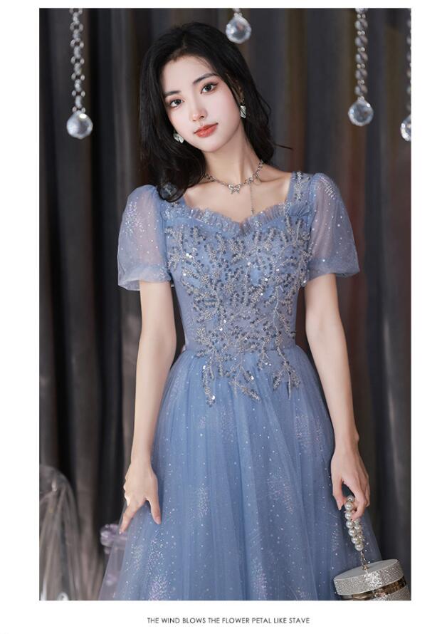 ウェディングドレス イブニング パーティー 成人式 結婚式 ブルー レディース 女性 着痩せ 可愛い おしゃれ ロングドレス 編み上げ チュールスカート エレガント 半袖 新着 ハイウエスト 高級感