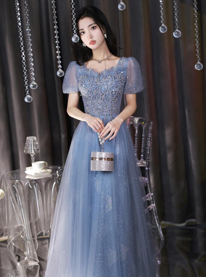 ウェディングドレス イブニング パーティー 成人式 結婚式 ブルー レディース 女性 着痩せ 可愛い おしゃれ ロングドレス 編み上げ チュールスカート エレガント 半袖 新着 ハイウエスト 高級感