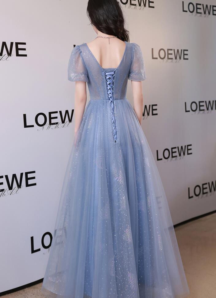 ウェディングドレス イブニング パーティー 成人式 結婚式 ブルー レディース 女性 着痩せ 可愛い おしゃれ ロングドレス 編み上げ チュールスカート エレガント 半袖 新着 ハイウエスト 高級感