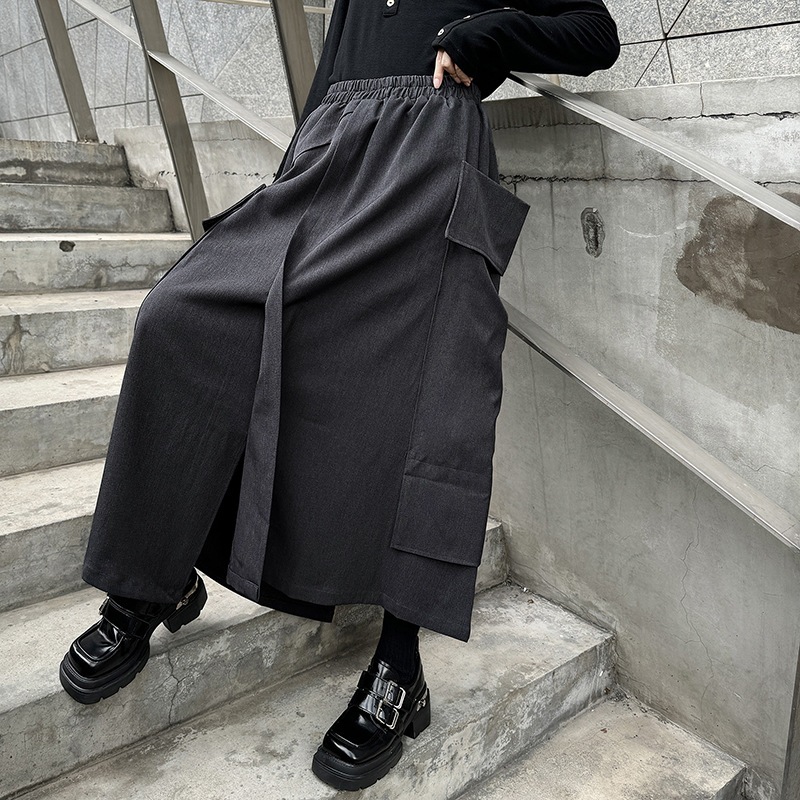 【J.Fashion】 Aラインスカート おしゃれ 大きいポケット 個性的なデザイン ハイウエスト ゴム レディース ロングスカート メガ割