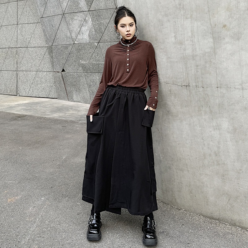 【J.Fashion】 Aラインスカート おしゃれ 大きいポケット 個性的なデザイン ハイウエスト ゴム レディース ロングスカート メガ割