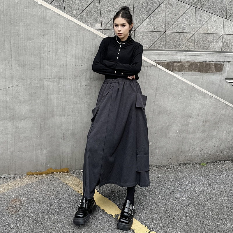 【J.Fashion】 Aラインスカート おしゃれ 大きいポケット 個性的なデザイン ハイウエスト ゴム レディース ロングスカート メガ割
