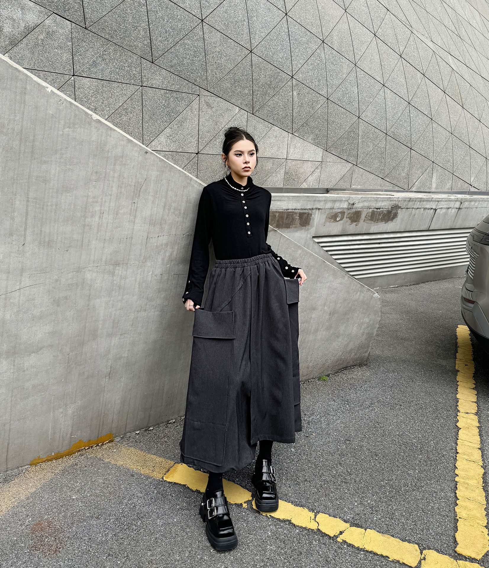 【J.Fashion】 Aラインスカート おしゃれ 大きいポケット 個性的なデザイン ハイウエスト ゴム レディース ロングスカート メガ割