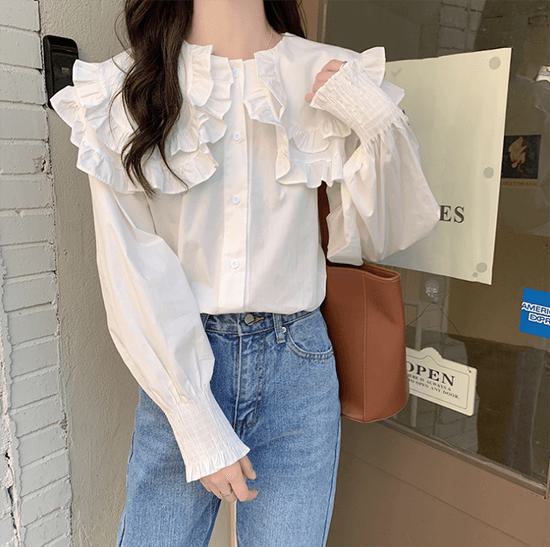 ブラウス レディース 長袖 フォーマル ビックカラー トップス シャツ フリルブラウス 春夏 フェミニン ガーリー おしゃれ オトナ女子 きれいめ デイリー お出かけ 韓国 通勤 通学 女子会 デート