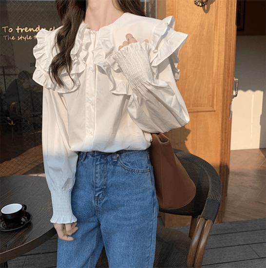 ブラウス レディース 長袖 フォーマル ビックカラー トップス シャツ フリルブラウス 春夏 フェミニン ガーリー おしゃれ オトナ女子 きれいめ デイリー お出かけ 韓国 通勤 通学 女子会 デート