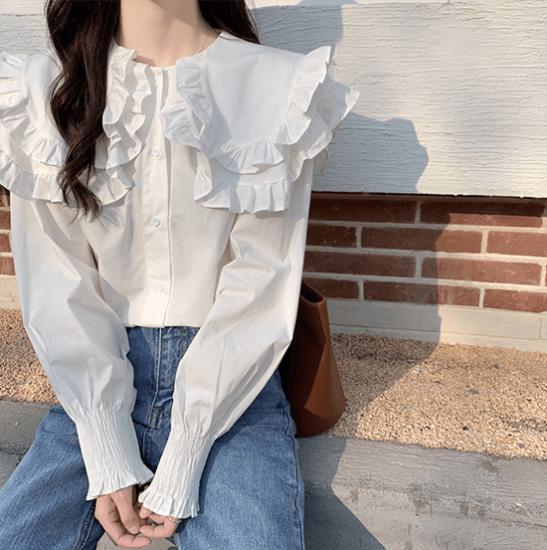 ブラウス レディース 長袖 フォーマル ビックカラー トップス シャツ フリルブラウス 春夏 フェミニン ガーリー おしゃれ オトナ女子 きれいめ デイリー お出かけ 韓国 通勤 通学 女子会 デート