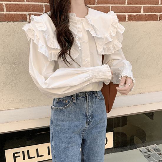 ブラウス レディース 長袖 フォーマル ビックカラー トップス シャツ フリルブラウス 春夏 フェミニン ガーリー おしゃれ オトナ女子 きれいめ デイリー お出かけ 韓国 通勤 通学 女子会 デート