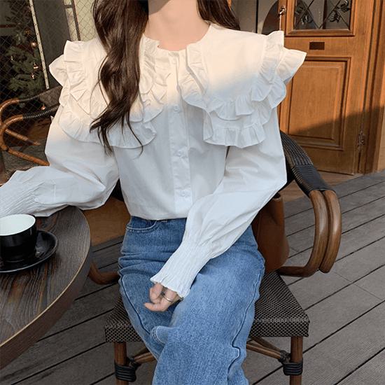 ブラウス レディース 長袖 フォーマル ビックカラー トップス シャツ フリルブラウス 春夏 フェミニン ガーリー おしゃれ オトナ女子 きれいめ デイリー お出かけ 韓国 通勤 通学 女子会 デート