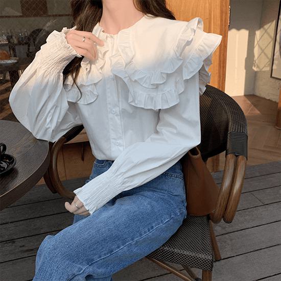 ブラウス レディース 長袖 フォーマル ビックカラー トップス シャツ フリルブラウス 春夏 フェミニン ガーリー おしゃれ オトナ女子 きれいめ デイリー お出かけ 韓国 通勤 通学 女子会 デート