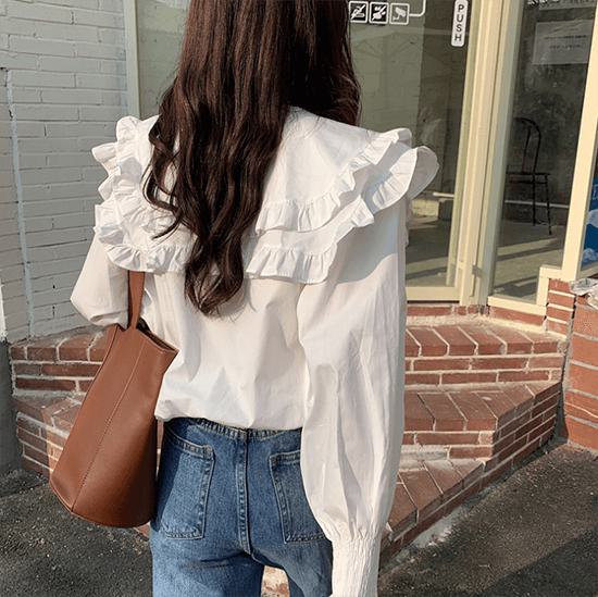 ブラウス レディース 長袖 フォーマル ビックカラー トップス シャツ フリルブラウス 春夏 フェミニン ガーリー おしゃれ オトナ女子 きれいめ デイリー お出かけ 韓国 通勤 通学 女子会 デート
