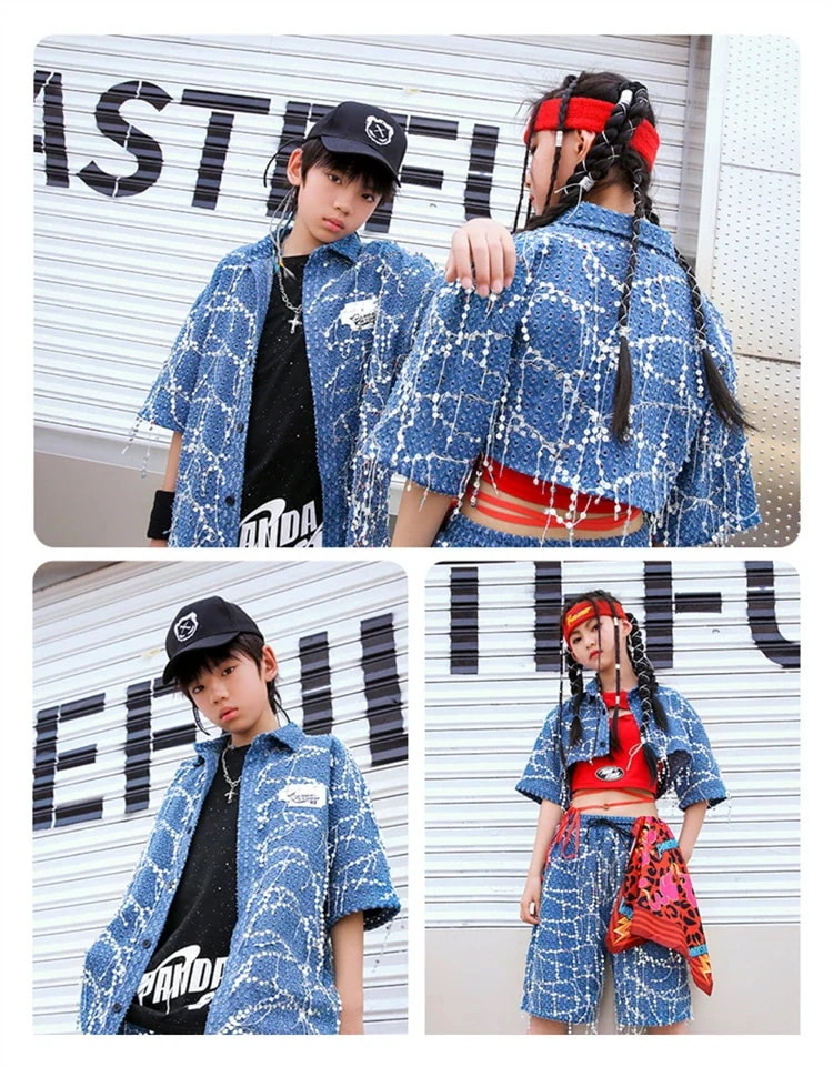 【急速出荷!】デニム スパンコール ダンス衣装 キッズ ジャズ 女の子 へそ出し 白 赤 タンクトップ 男の子 キラキラ 黒 ホワイト Tシャツ 短パン 子供服 ヒップホップ 応援団 団体服 ジュニア