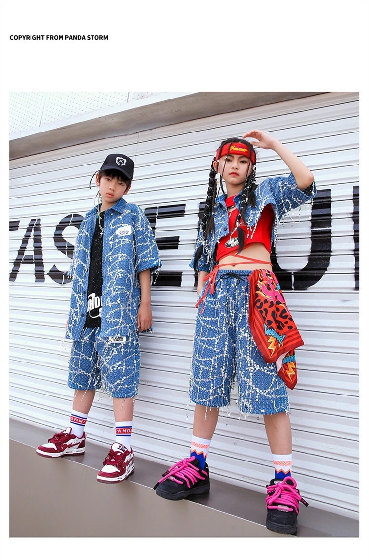 【急速出荷!】デニム スパンコール ダンス衣装 キッズ ジャズ 女の子 へそ出し 白 赤 タンクトップ 男の子 キラキラ 黒 ホワイト Tシャツ 短パン 子供服 ヒップホップ 応援団 団体服 ジュニア
