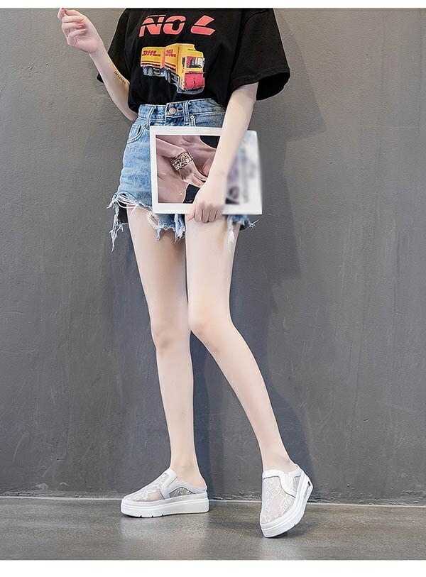 【激安開催！】スニーカー サンダル レディース 厚底 通気性 レース 透け感 メッシュ シースルー つっかけ ヒール6cm かかとなし 小さいサイズ シルバー 白 ホワイト 黒 ブラック 普段履き サ