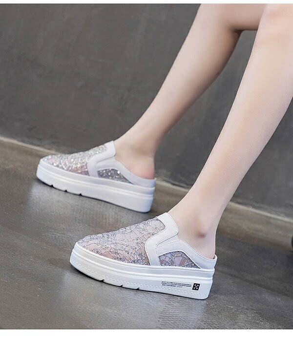 【激安開催！】スニーカー サンダル レディース 厚底 通気性 レース 透け感 メッシュ シースルー つっかけ ヒール6cm かかとなし 小さいサイズ シルバー 白 ホワイト 黒 ブラック 普段履き サ