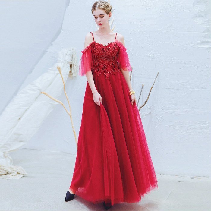 カラードレス レッド パーティードレス 演奏会用ドレス ロングドレス ウェディングドレス 発表会 結