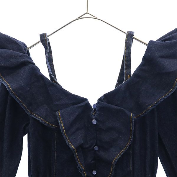 未使用 長袖 フリルデニム ワンピース F ネイビー LWFO181003 レディース