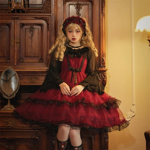ロリータ 赤 ドレス ジャンスカ 甘ロリ チェック L ロリータ ドレス