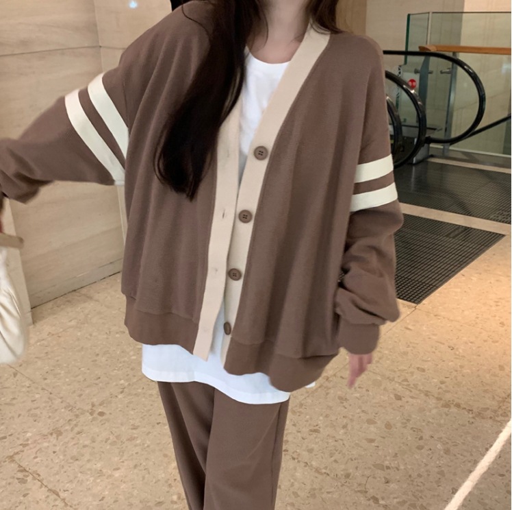 トップス ボトムス パンツ セットアップ カーディガン ストレートパンツ ロング丈 袖あり ボリューム袖 Vネック ワイド ハイウエスト 上下セット 2点セット トップス ボトムス パンツ セットアップ カーディガン