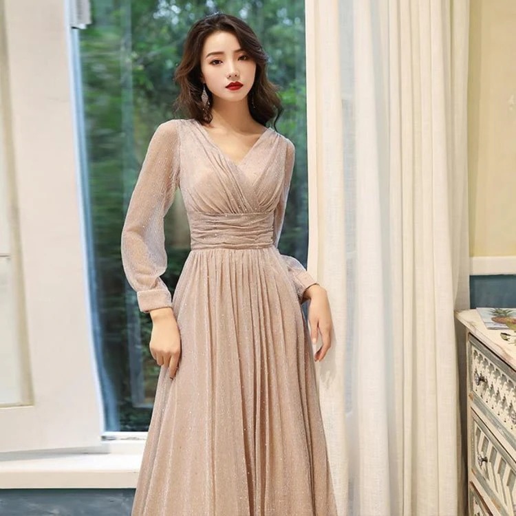 【3日で出荷】パーティードレス 結婚式ドレス 長袖 透け感 マキシ丈 ワンピース 大きいサイズ Aライン Vネック