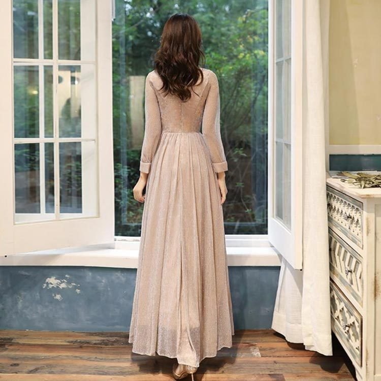 【3日で出荷】パーティードレス 結婚式ドレス 長袖 透け感 マキシ丈 ワンピース 大きいサイズ Aライン Vネック