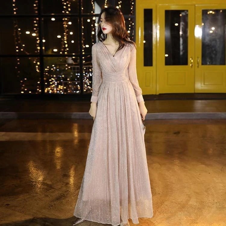 【3日で出荷】パーティードレス 結婚式ドレス 長袖 透け感 マキシ丈 ワンピース 大きいサイズ Aライン Vネック