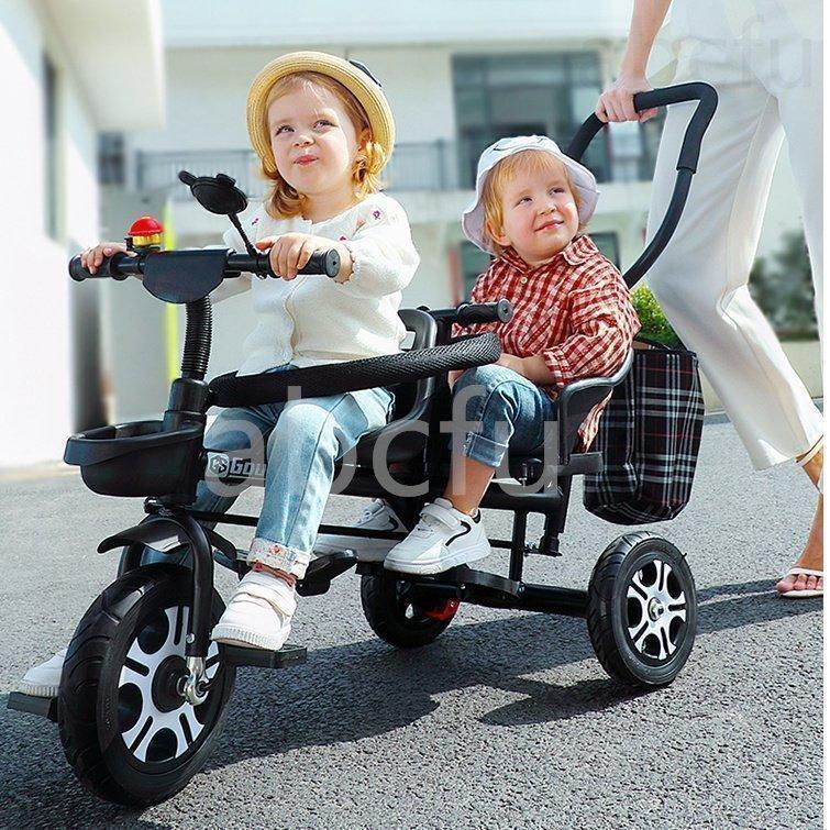 二人乗り三輪車ベビーカー双子用子供用自転車補助棒付き両点シートベルト付き物置くカゴ付き補助棒取り外す能誕生日プレゼントアウトドア