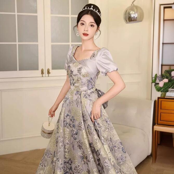 ドレス 大人 お呼ばれ 袖付きロングドレ ス 花柄 編み上げ フォーマル エレガント レディース ママ パーティードレス コンクール イブニングドレス 結婚式 演奏会ドレス ピアノ 発表会 ステージド