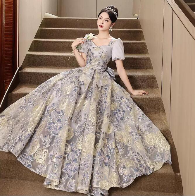 ドレス 大人 お呼ばれ 袖付きロングドレ ス 花柄 編み上げ フォーマル エレガント レディース ママ パーティードレス コンクール イブニングドレス 結婚式 演奏会ドレス ピアノ 発表会 ステージド