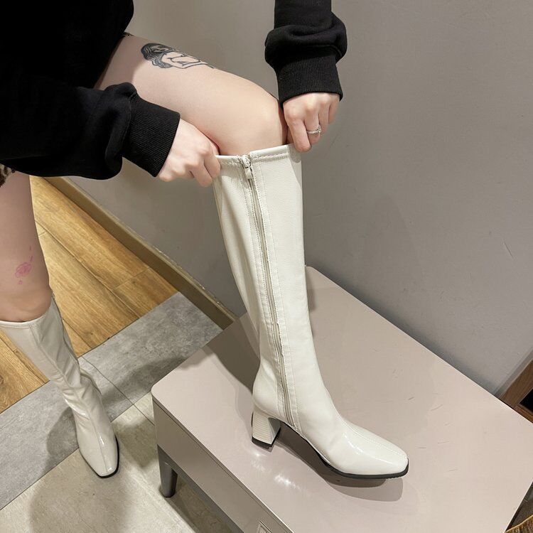 ヒ一ルパンプスフランス風ポインテッドトゥ ブーツ弾力パテントレザー 太ヒール ヒ一ルパンプス