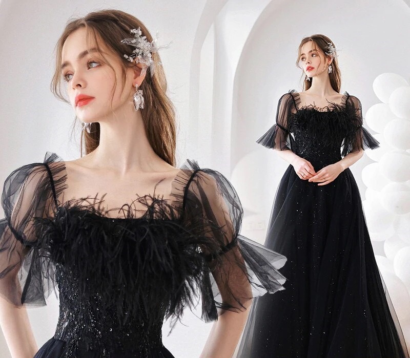 韓国ファッション ウェディングドレス 二次会黒い羽根のドレス 花嫁 ドレス海外挙式 お呼ばれ ロングドレス フォトウエディング 大きいサイズ 前撮り 披露宴