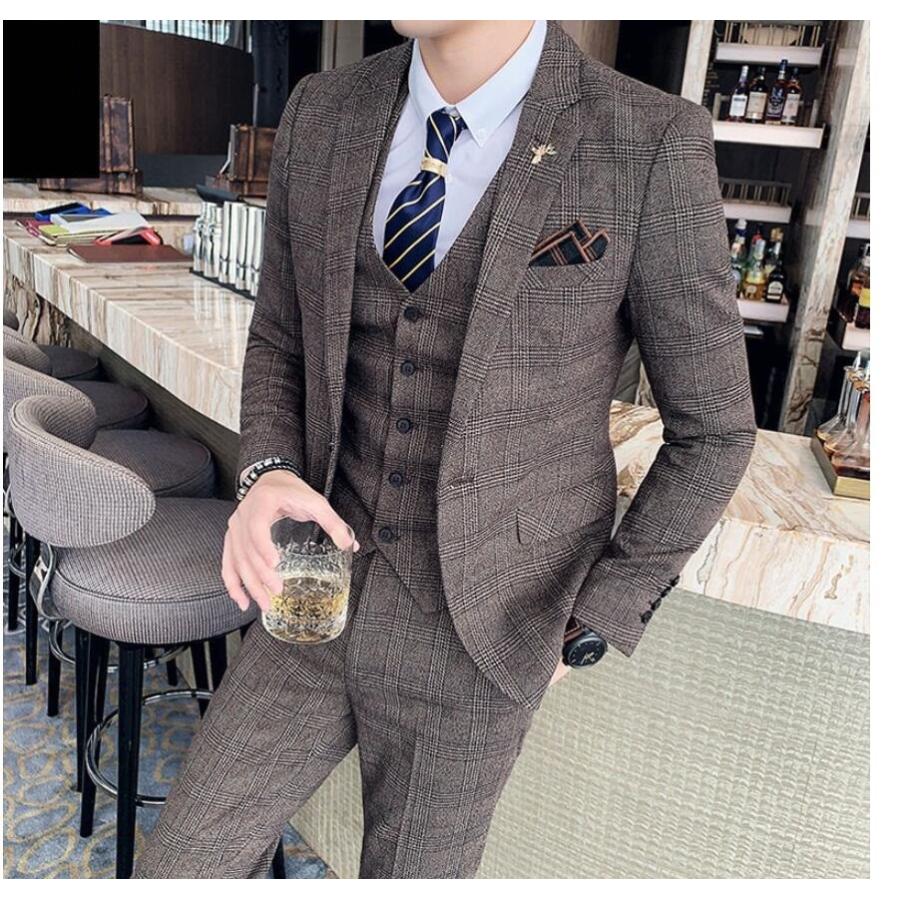チェック柄 メンズスーツ 3点セットスーツ カッコイイ 1つボタンスーツ フォーマルスーツ 結婚式 二次会 成人式 卒業式 就職活 ビジネススーツ 披露宴 上品-493