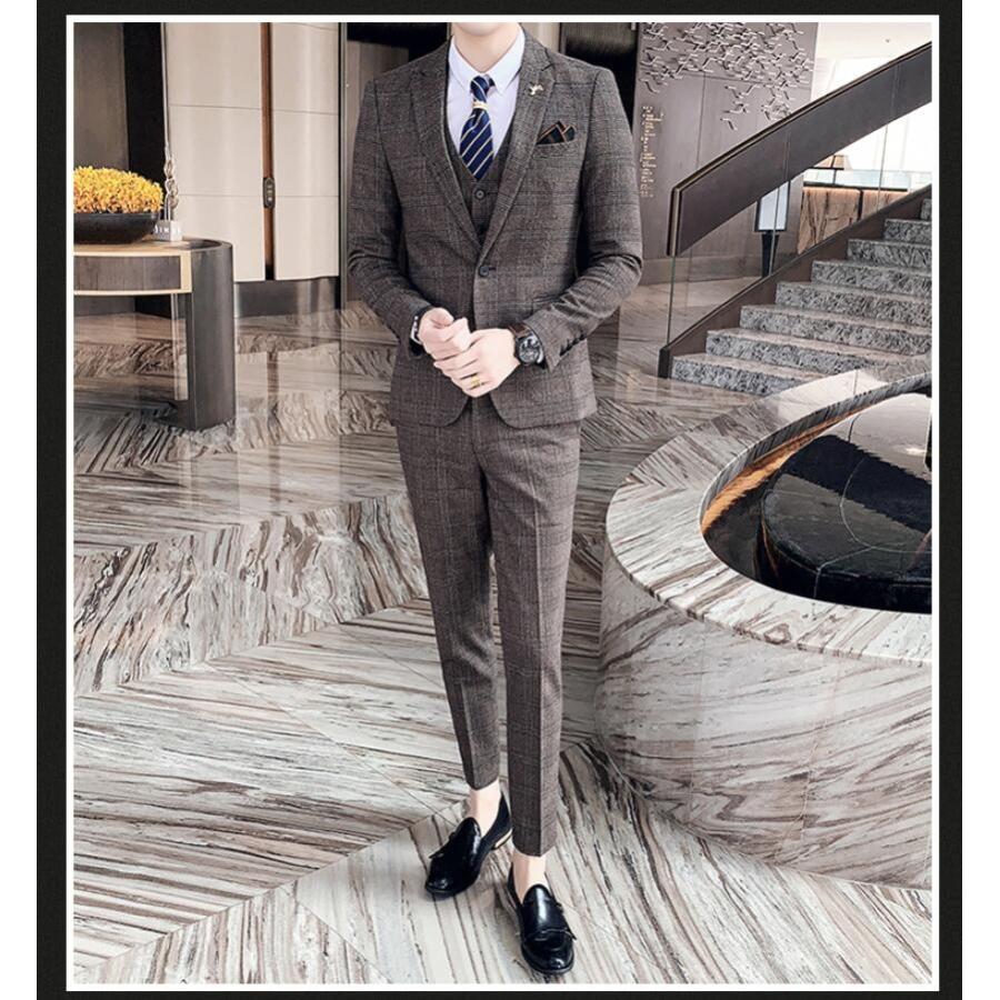 チェック柄 メンズスーツ 3点セットスーツ カッコイイ 1つボタンスーツ フォーマルスーツ 結婚式 二次会 成人式 卒業式 就職活 ビジネススーツ 披露宴 上品-493
