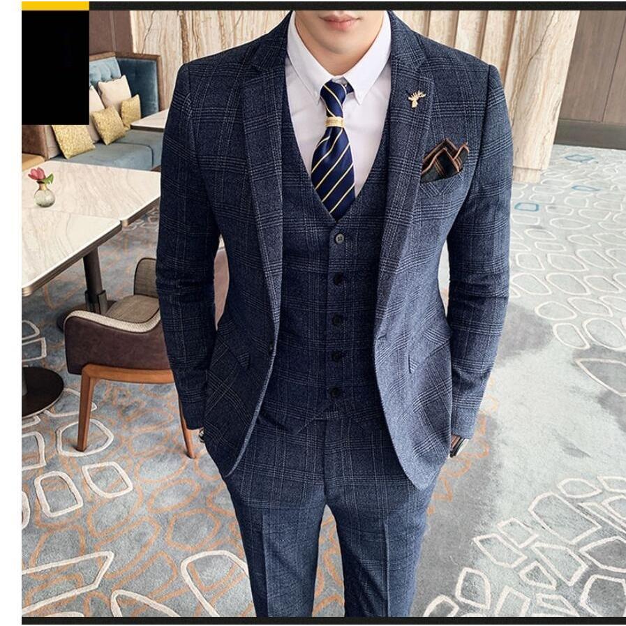 チェック柄 メンズスーツ 3点セットスーツ カッコイイ 1つボタンスーツ フォーマルスーツ 結婚式 二次会 成人式 卒業式 就職活 ビジネススーツ 披露宴 上品-493