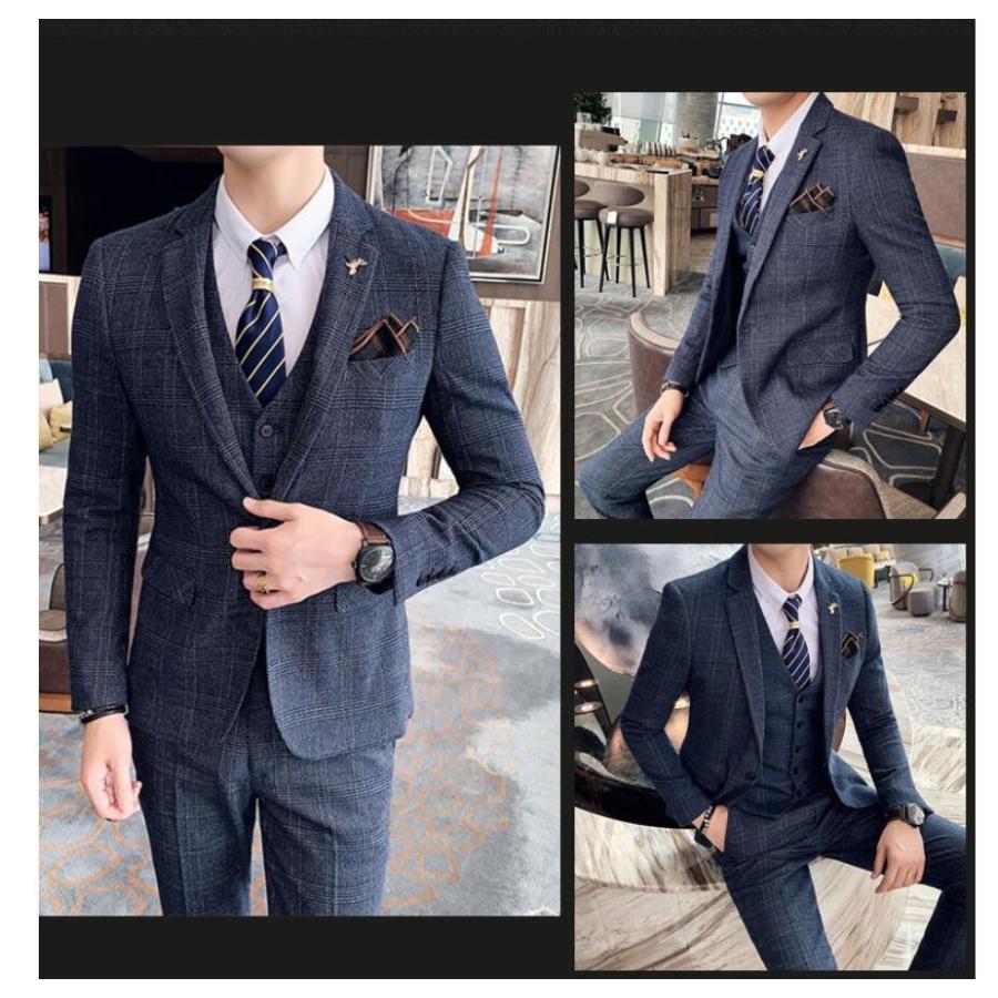 チェック柄 メンズスーツ 3点セットスーツ カッコイイ 1つボタンスーツ フォーマルスーツ 結婚式 二次会 成人式 卒業式 就職活 ビジネススーツ 披露宴 上品-493