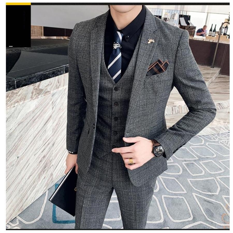 チェック柄 メンズスーツ 3点セットスーツ カッコイイ 1つボタンスーツ フォーマルスーツ 結婚式 二次会 成人式 卒業式 就職活 ビジネススーツ 披露宴 上品-493