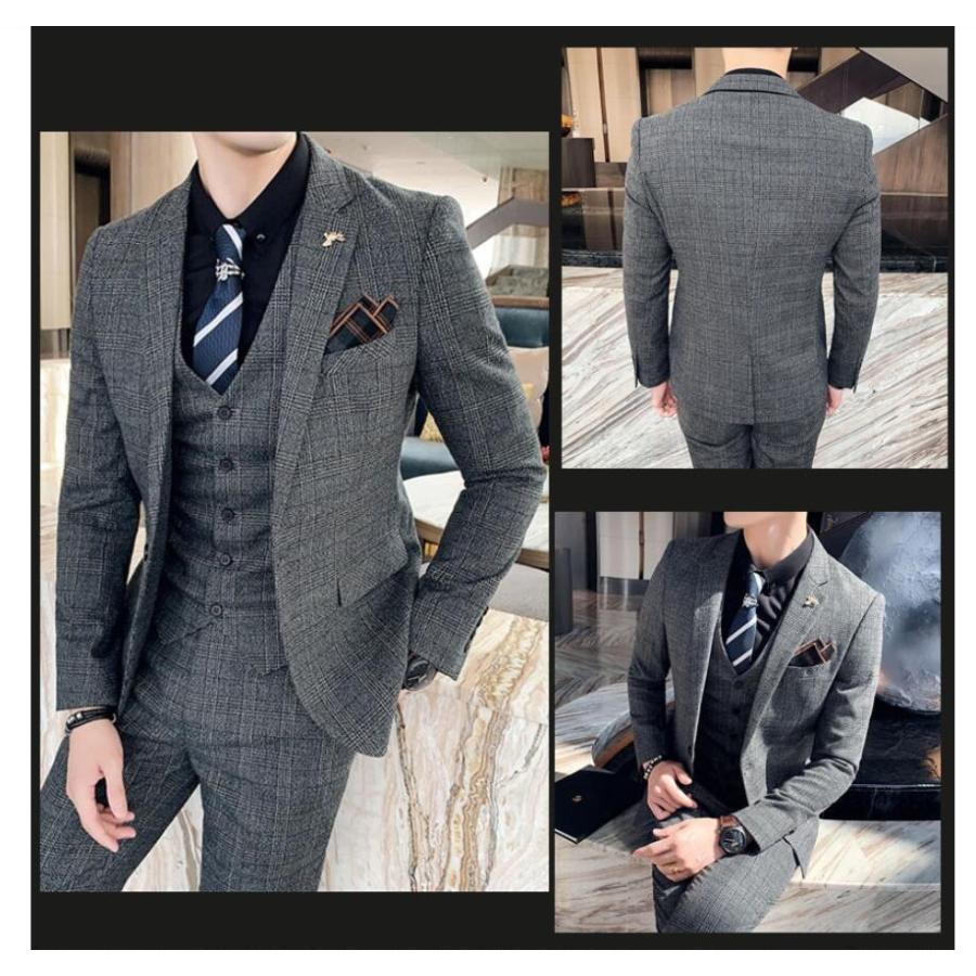 チェック柄 メンズスーツ 3点セットスーツ カッコイイ 1つボタンスーツ フォーマルスーツ 結婚式 二次会 成人式 卒業式 就職活 ビジネススーツ 披露宴 上品-493