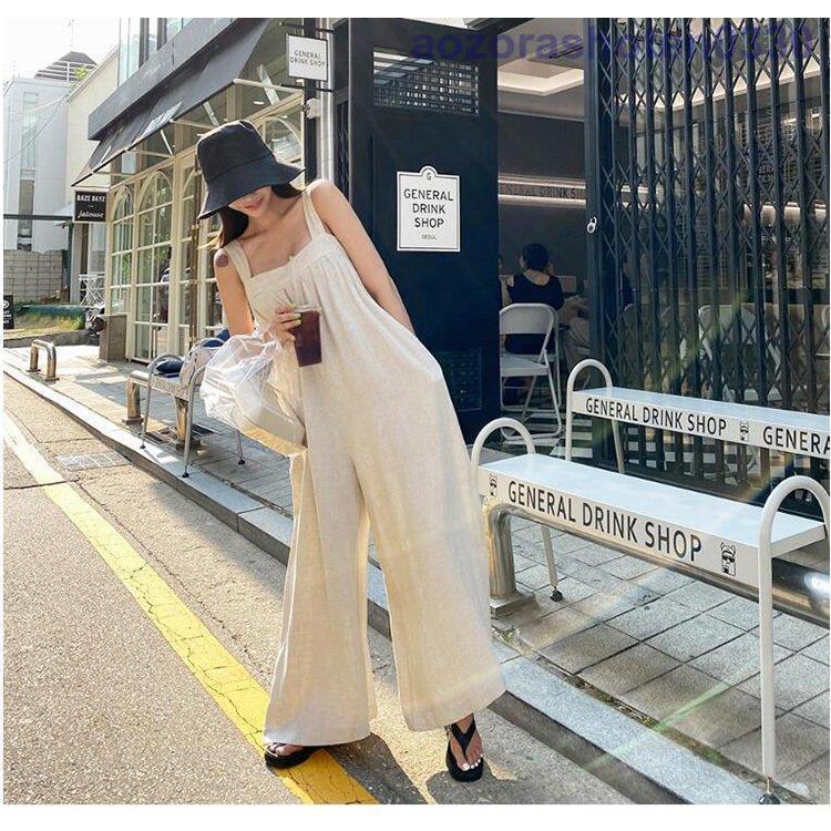 サロペット オーバーオール パンツ レディース ロング丈 ワイドパンツ 春夏新作 ロングズボン 無地リネン ゆったり サロペット オシャレ ボトムス 韓国風
