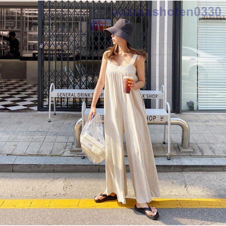 サロペット オーバーオール パンツ レディース ロング丈 ワイドパンツ 春夏新作 ロングズボン 無地リネン ゆったり サロペット オシャレ ボトムス 韓国風