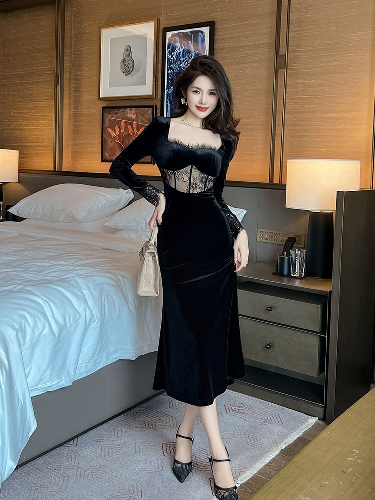 【JY.上品】 2024秋冬 ベルベット マーメイド ロングワンピース パーティードレス キャバ 着痩せ 大人 お呼ばれ 同窓会 披露宴 卒業式 結婚式 ウェディング 二次会 成人式 ロングドレス