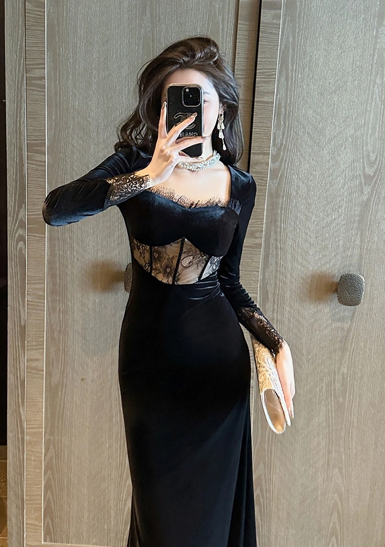 【JY.上品】 2024秋冬 ベルベット マーメイド ロングワンピース パーティードレス キャバ 着痩せ 大人 お呼ばれ 同窓会 披露宴 卒業式 結婚式 ウェディング 二次会 成人式 ロングドレス