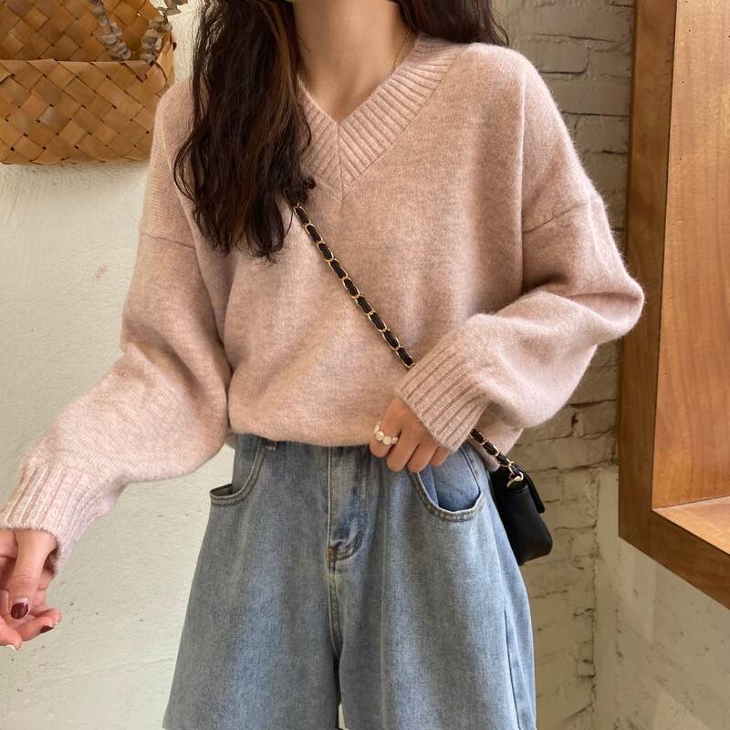 ニットカットソー 襟リボン トップス デート カットソー ニットソー セーター 袖あり 長袖 ドロップショルダー 萌袖 Vネック 襟なし リボン リブ プルオーバー フロントジップ ニット プルオーバー 襟付き 太リブ レディース