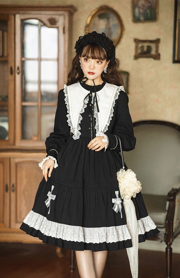 【本日限定】ワンピース ロリータ ハロウィン 魔女風 ウイッチ 魔法使い ミモレ丈 レディース ゴスロリ ハイウエスト Aライン ロリィタファッション 長袖 ロリータワンピース コスチューム コスプレ