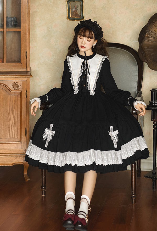 【本日限定】ワンピース ロリータ ハロウィン 魔女風 ウイッチ 魔法使い ミモレ丈 レディース ゴスロリ ハイウエスト Aライン ロリィタファッション 長袖 ロリータワンピース コスチューム コスプレ