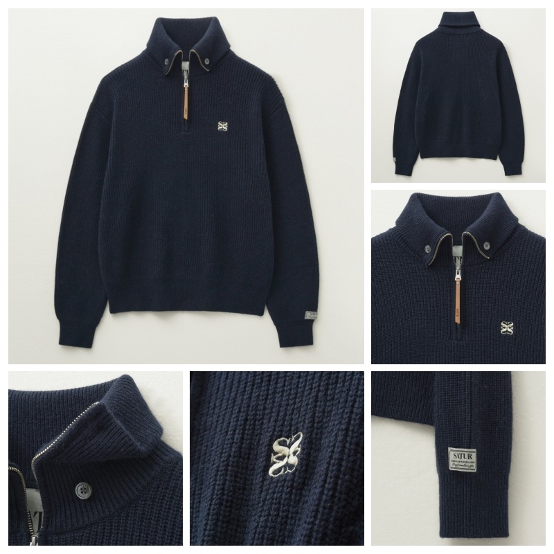 ◆SATUR◆ Button-up sailor half-knit zip-up light blue SA243 Namu Shop - Aton Baby Alpaca Linen Zip Up Polo Sweater - Sax
